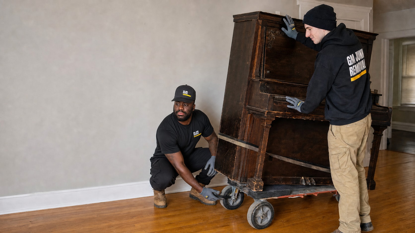 Two crew members moving an upright piano